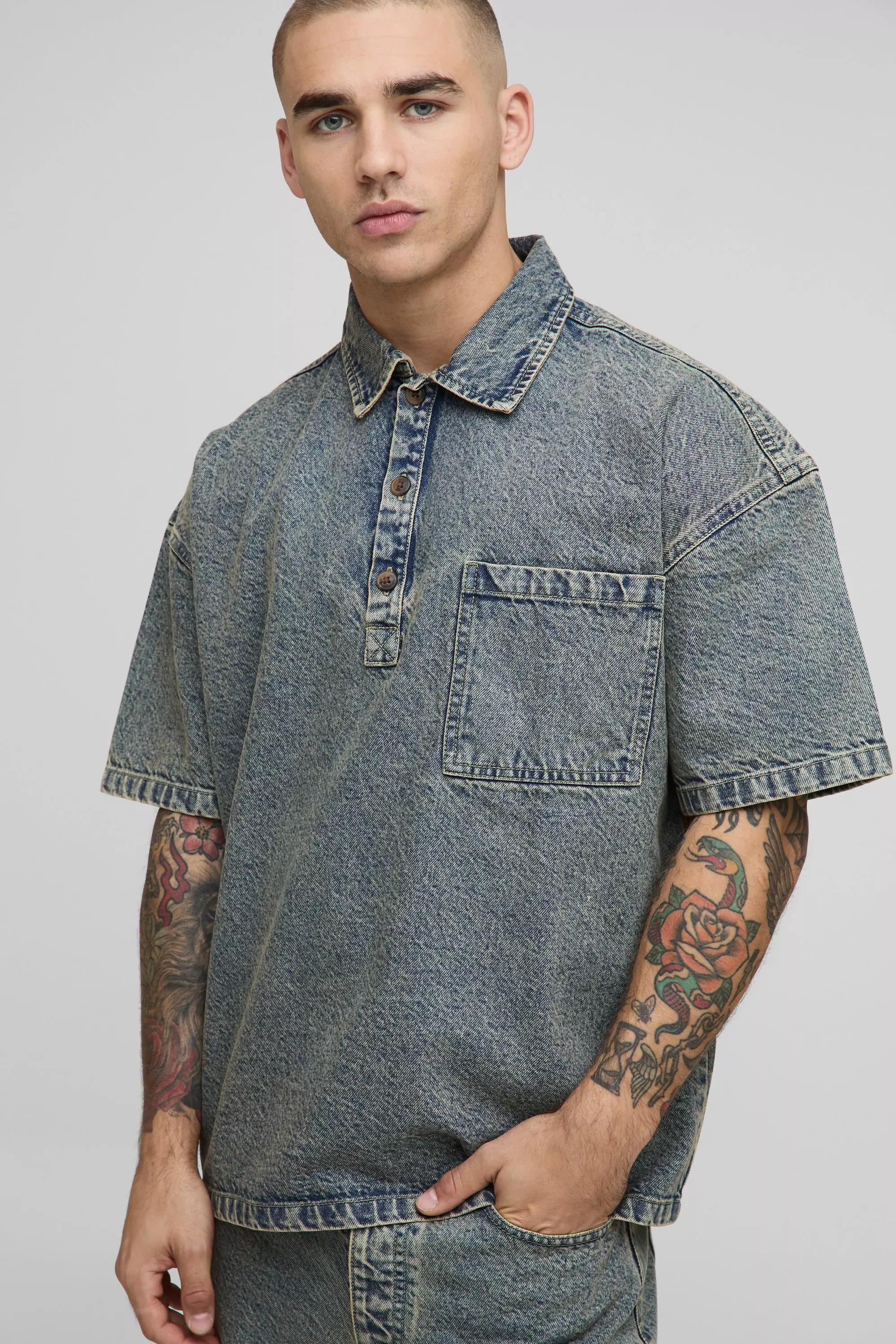 3/4 Sleeve Boxy Washed Rugby Denim Shirt | boohooMAN USA